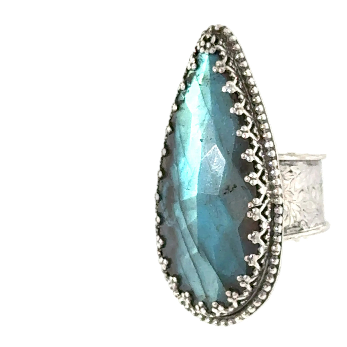 Labradorite Teardrop Sterling Silver Ring, Size 7.5, Wide Patterned Shank, Decorative Bezel Setting