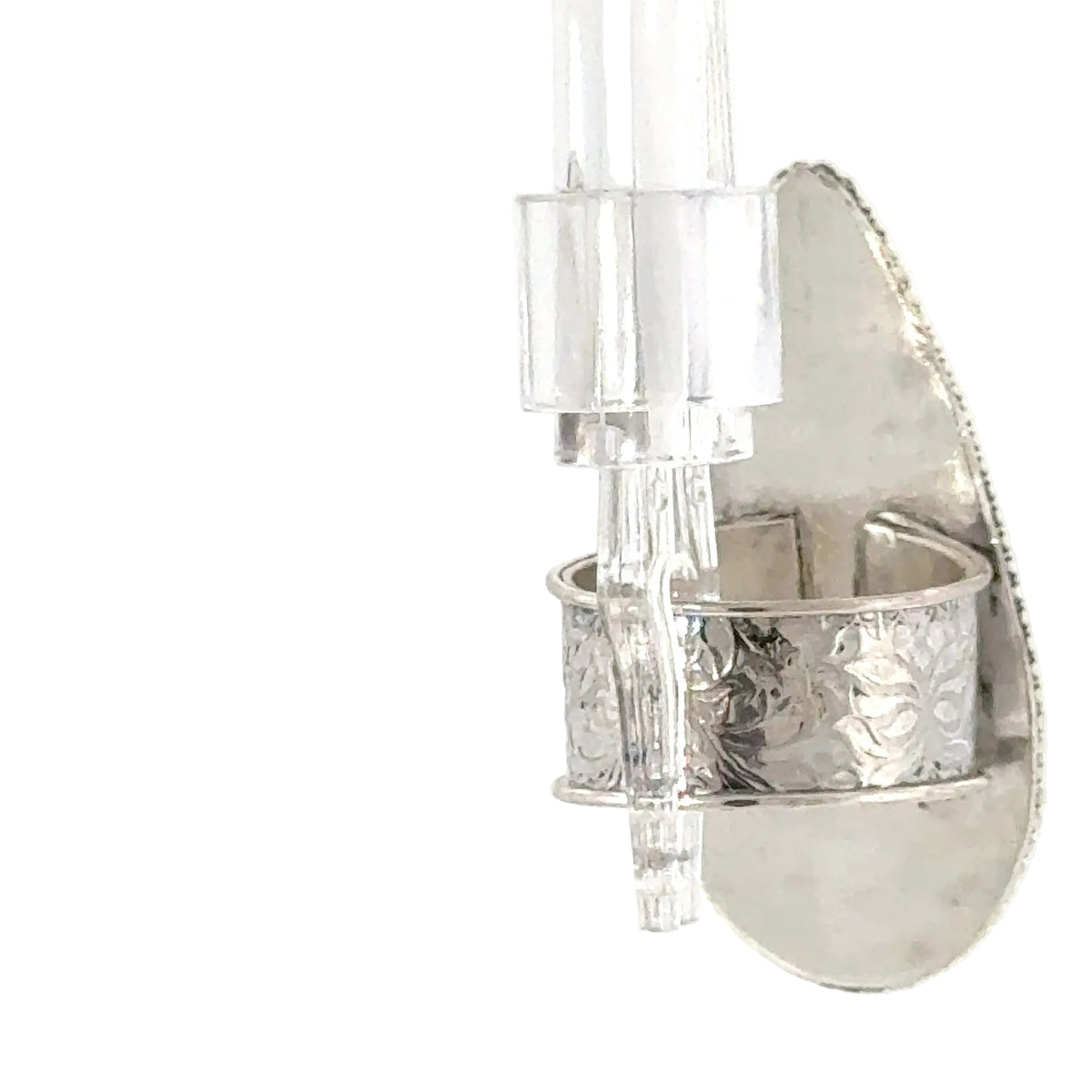 Labradorite Teardrop Sterling Silver Ring, Size 7.5, Wide Patterned Shank, Decorative Bezel Setting