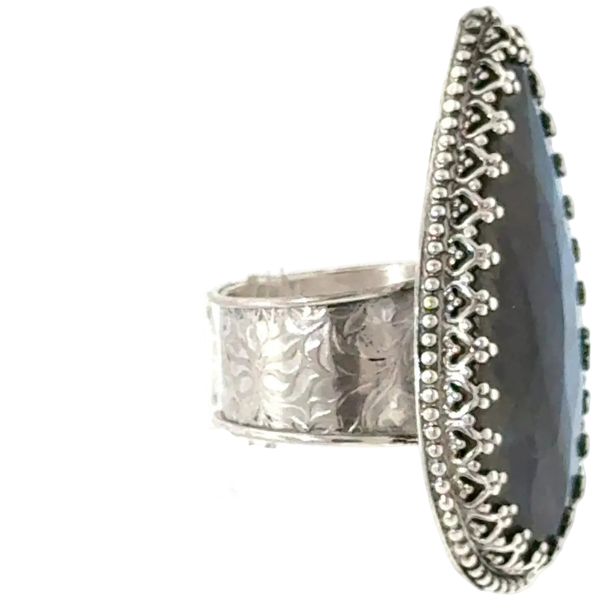Labradorite Teardrop Sterling Silver Ring, Size 7.5, Wide Patterned Shank, Decorative Bezel Setting