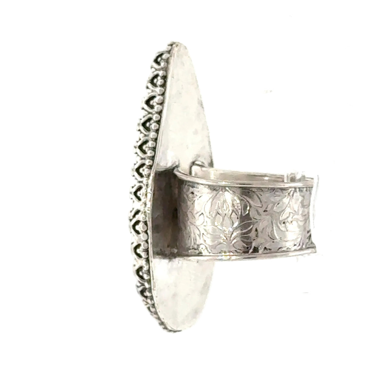 Labradorite Teardrop Sterling Silver Ring, Size 7.5, Wide Patterned Shank, Decorative Bezel Setting
