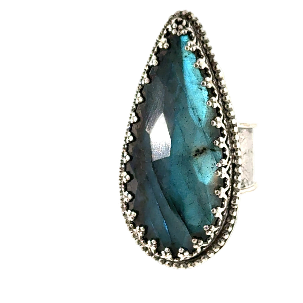 Labradorite Teardrop Sterling Silver Ring, Size 7.5, Wide Patterned Shank, Decorative Bezel Setting