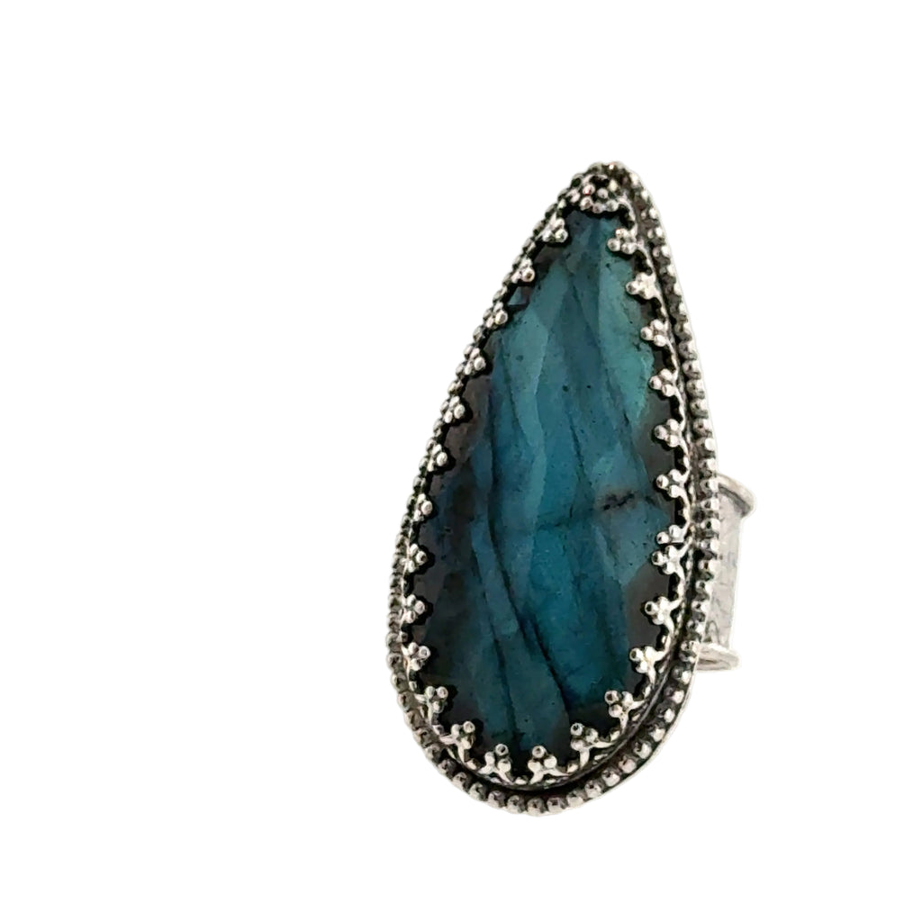 Labradorite Teardrop Sterling Silver Ring, Size 7.5, Wide Patterned Shank, Decorative Bezel Setting