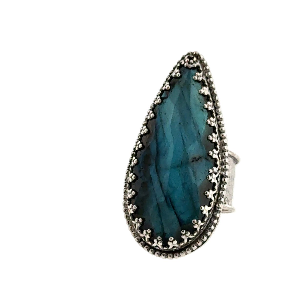Labradorite Teardrop Sterling Silver Ring, Size 7.5, Wide Patterned Shank, Decorative Bezel Setting