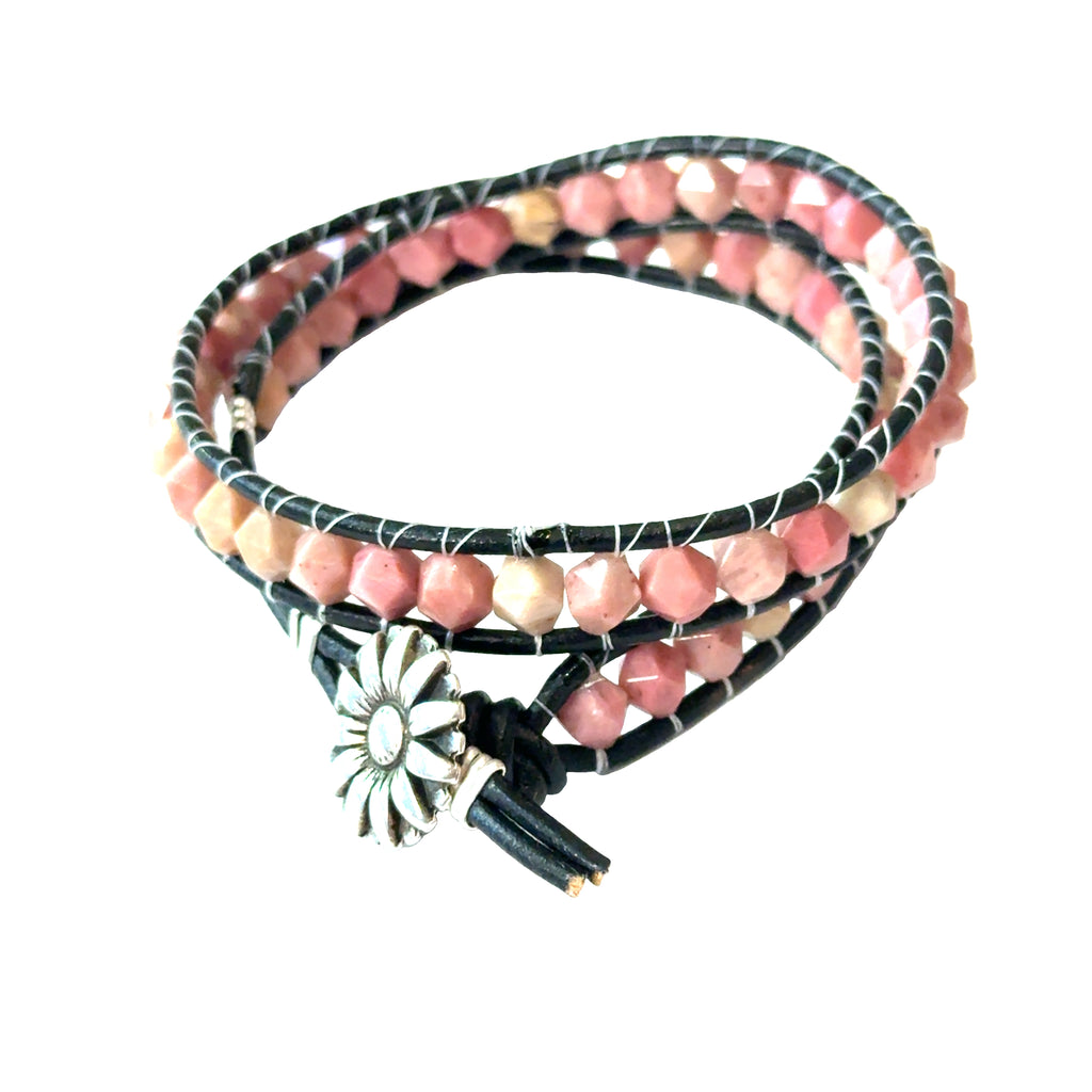 Thulite Gemstone Double Leather Wrap Bracelet | Sterling Silver Sunflower Button | Hidden Jewel of the South End