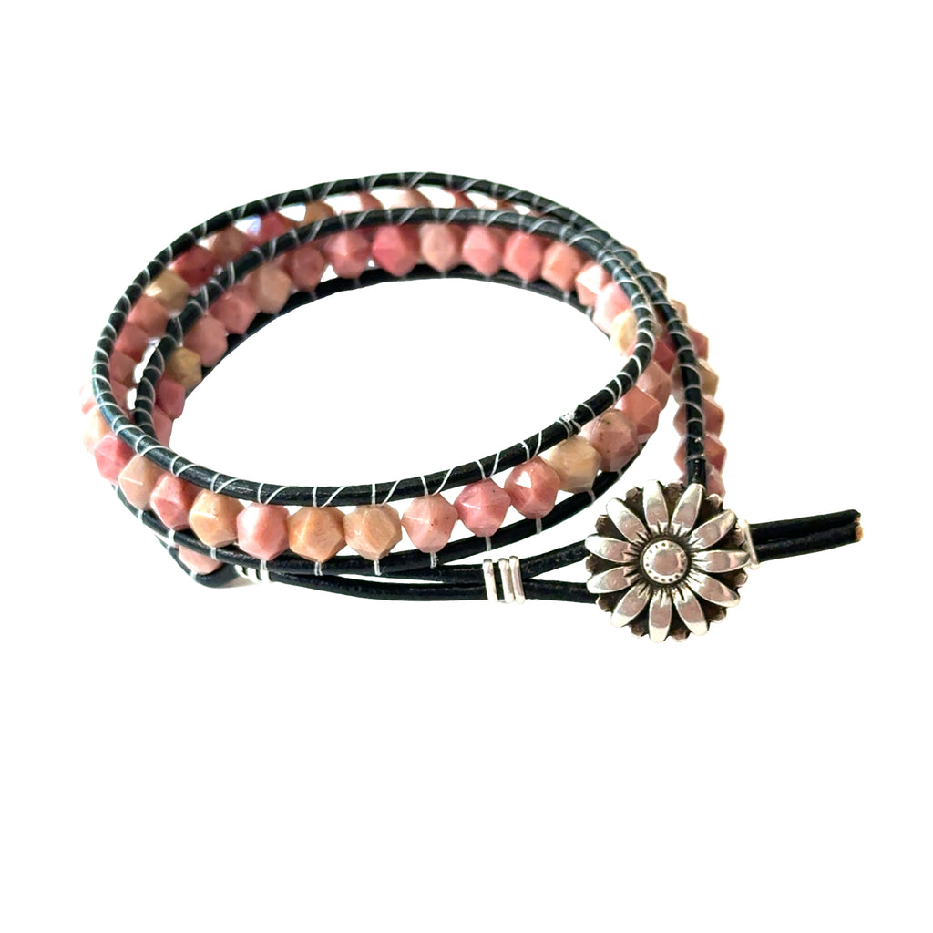 Thulite Gemstone Double Leather Wrap Bracelet | Sterling Silver Sunflower Button | Hidden Jewel of the South End
