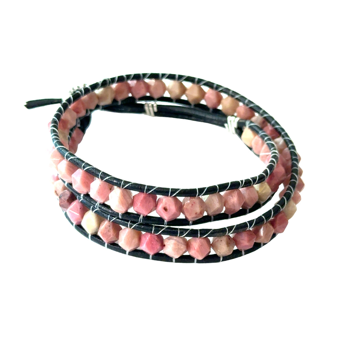 Thulite Gemstone Double Leather Wrap Bracelet | Sterling Silver Sunflower Button | Hidden Jewel of the South End