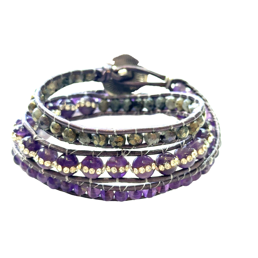 Labradorite and Amethyst Gemstone Triple Leather Wrap Bracelet | Sterling Silver Heart Button | Hidden Jewel of the South End