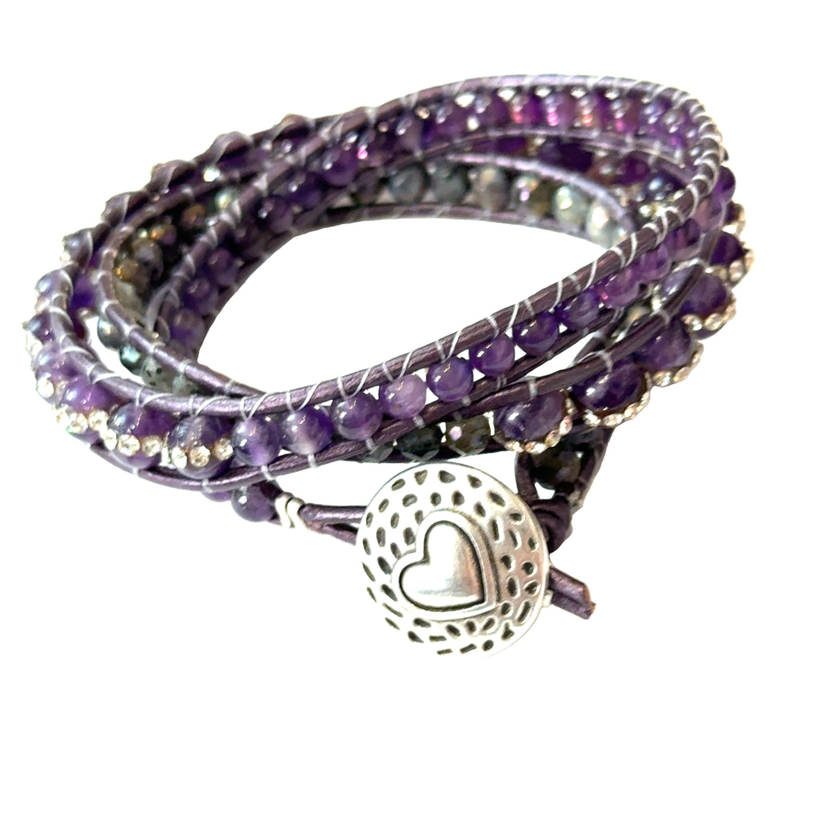 Labradorite and Amethyst Gemstone Triple Leather Wrap Bracelet | Sterling Silver Heart Button | Hidden Jewel of the South End