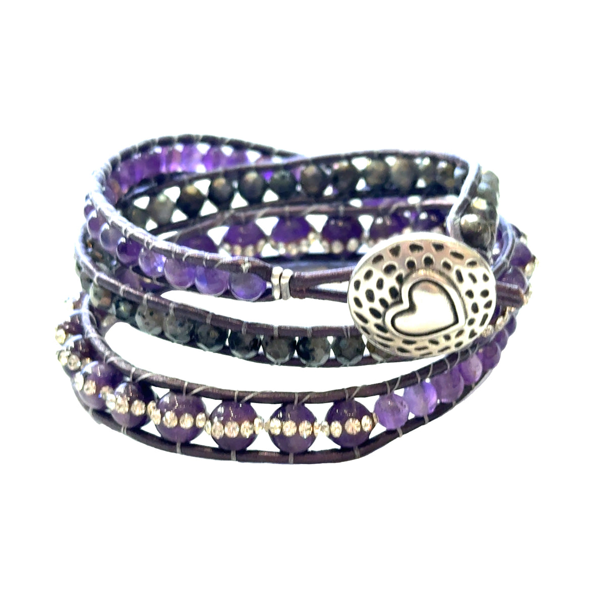 Labradorite and Amethyst Gemstone Triple Leather Wrap Bracelet | Sterling Silver Heart Button | Hidden Jewel of the South End