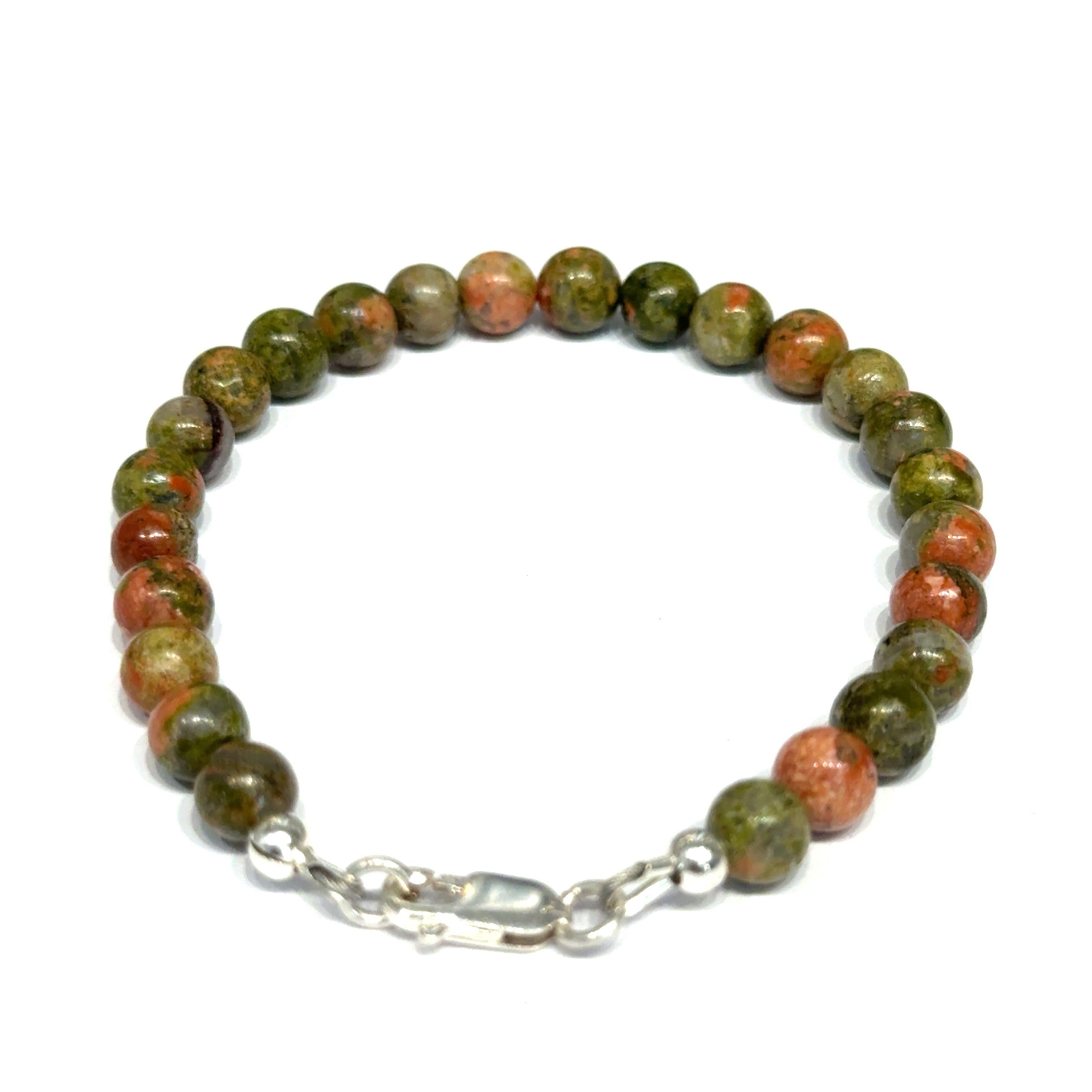 Unakite beaded bracelet with 6mm smooth round gemstones and a sterling silver lobster-claw clasp for gentle emotional healing, on a white background, back close-up view. 