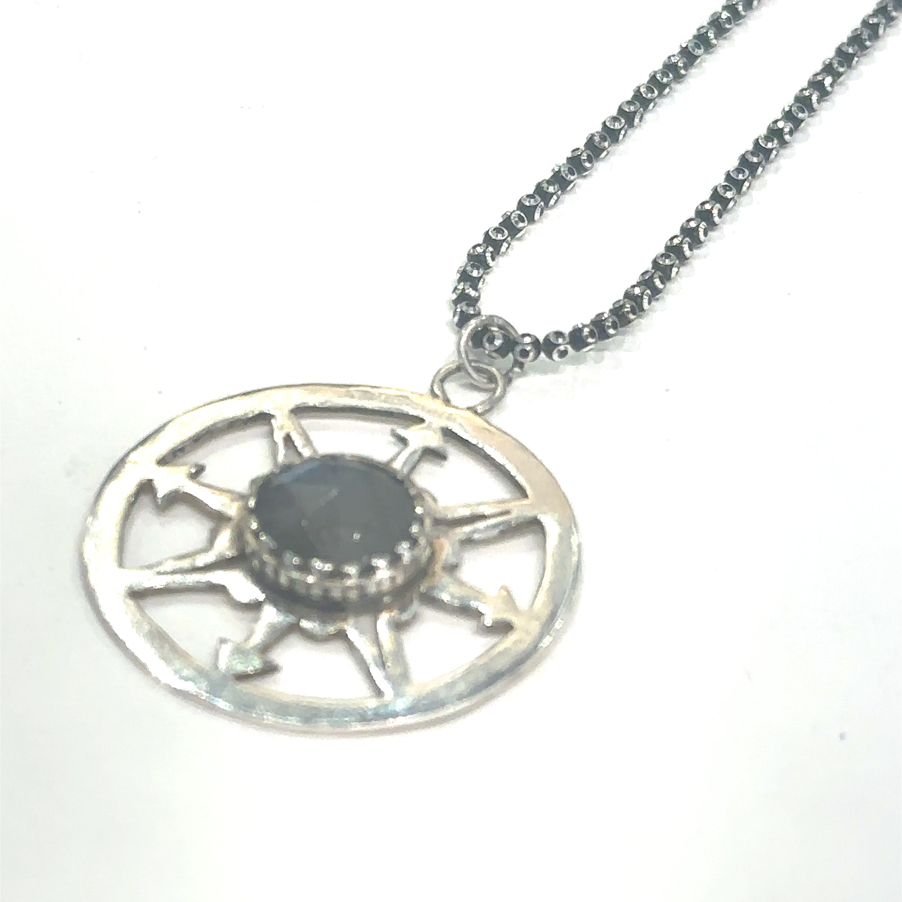 Unique Labradorite gemstone necklace for ritual work, magic, and protection
on white long left angle  overview