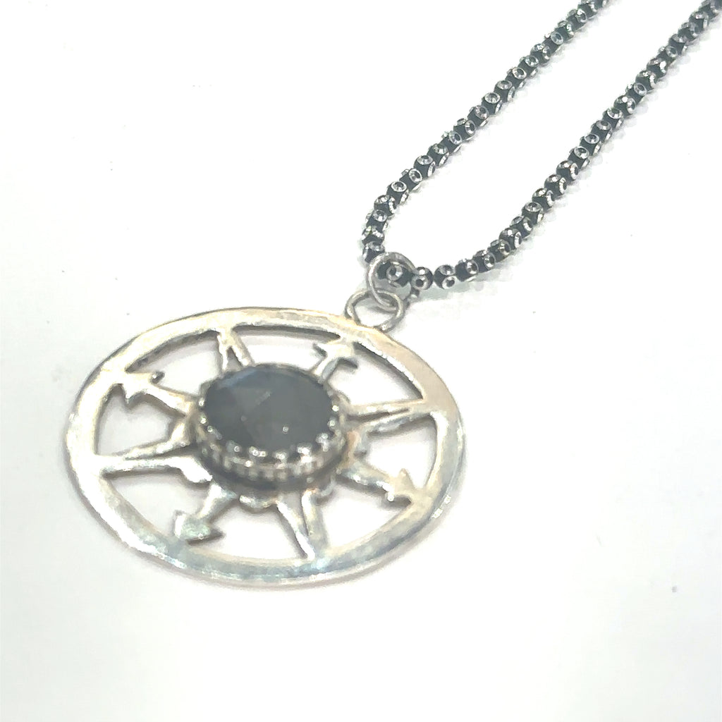 Unique Labradorite gemstone necklace for ritual work, magic, and protection
on white long left angle  overview