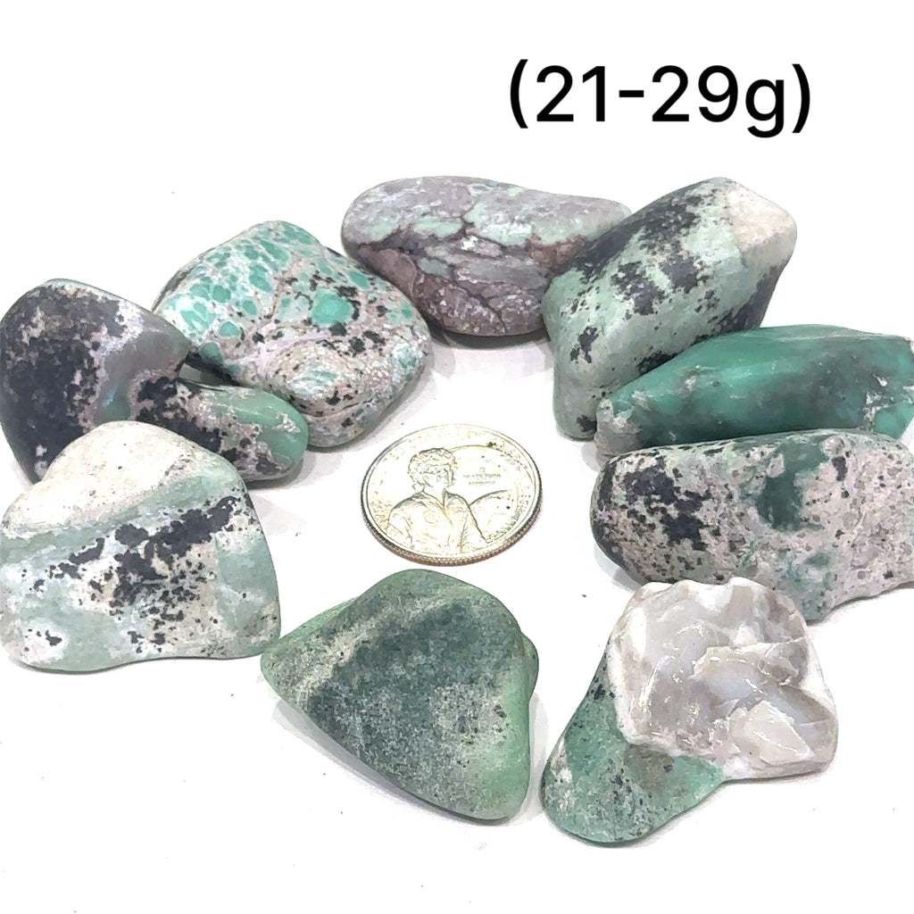 Unique Variscite crystal for heart chakra alignment and spiritual cleansing grouping (21-29g) on white overview
