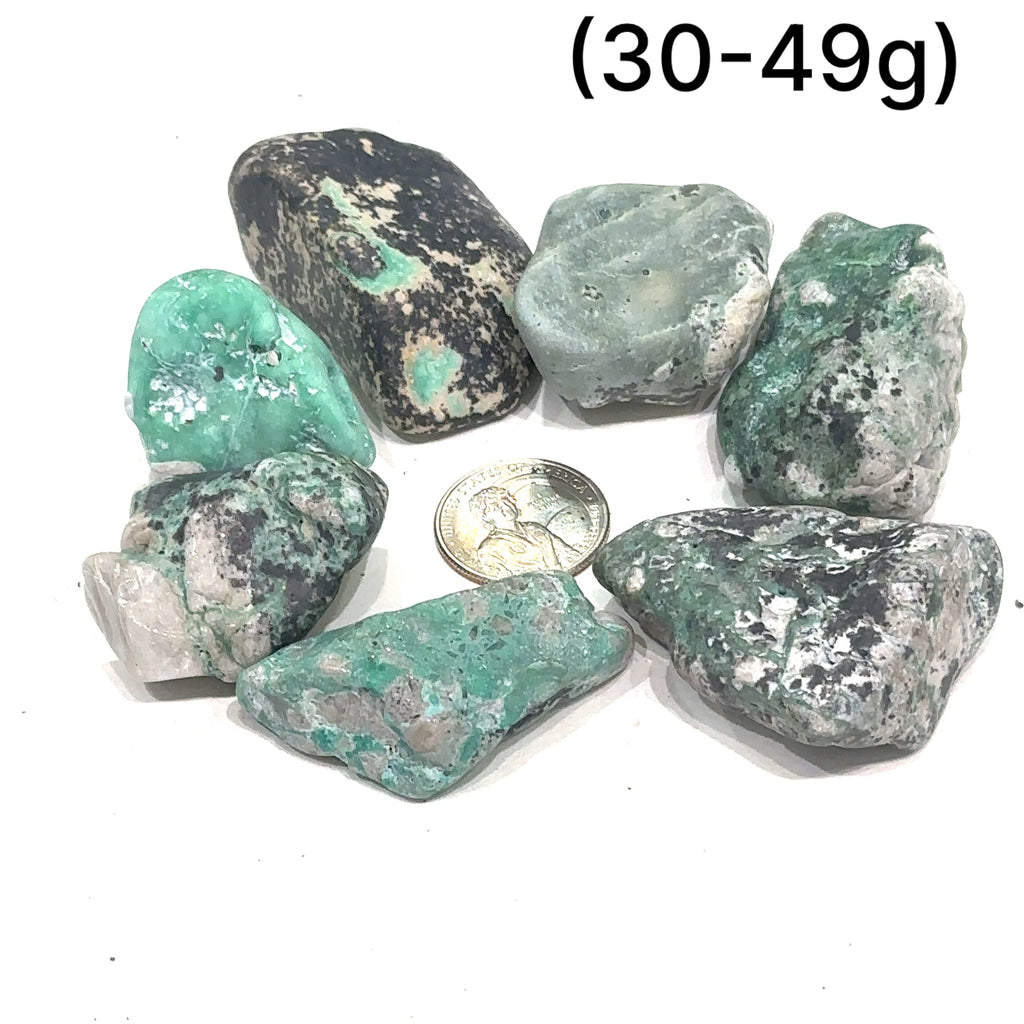 Unique Variscite crystal for heart chakra alignment and spiritual cleansing grouping (30-49g) on white overview