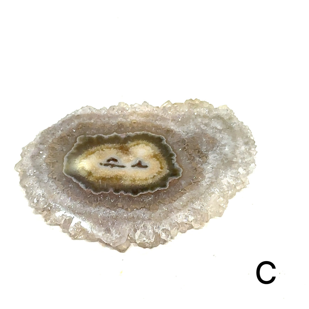 Unique agate stone slice for meditation and chakra balancing #C on white front and center view
