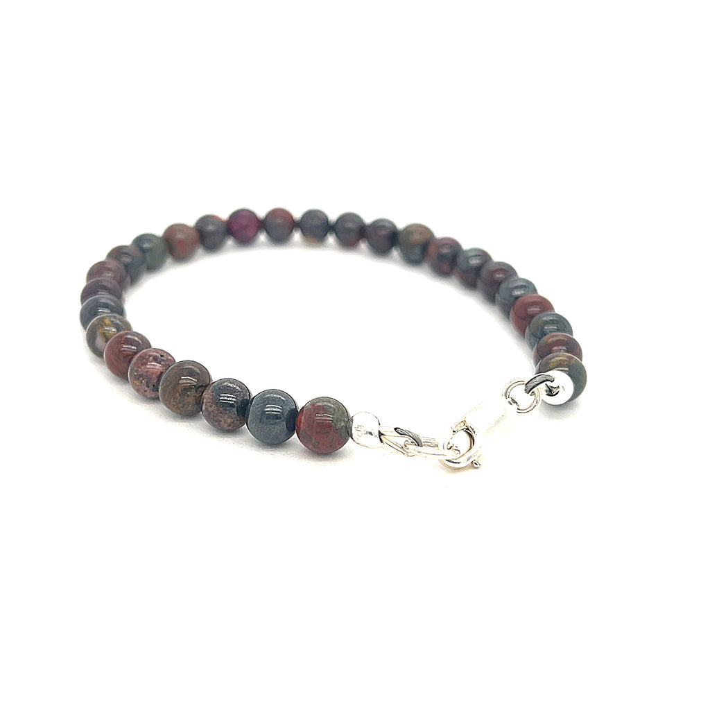Unisex Brecciated Jasper gemstone bracelet made in Boston, Massachusetts on white front back angle overview