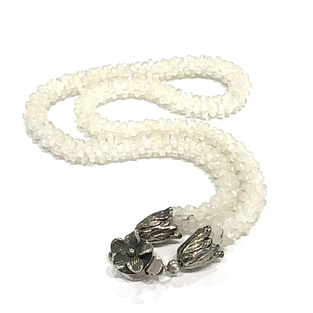Rainbow Moonstone crocheted necklace, AAA+ grade faceted Rainbow Moonstone