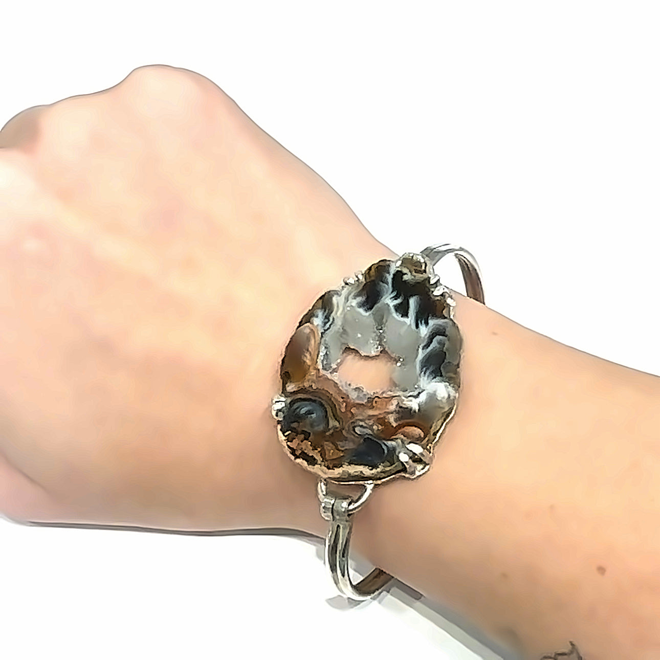 Sterling Silver Druzy Bracelet, Brown Druzy geode Bangle, Jewelry