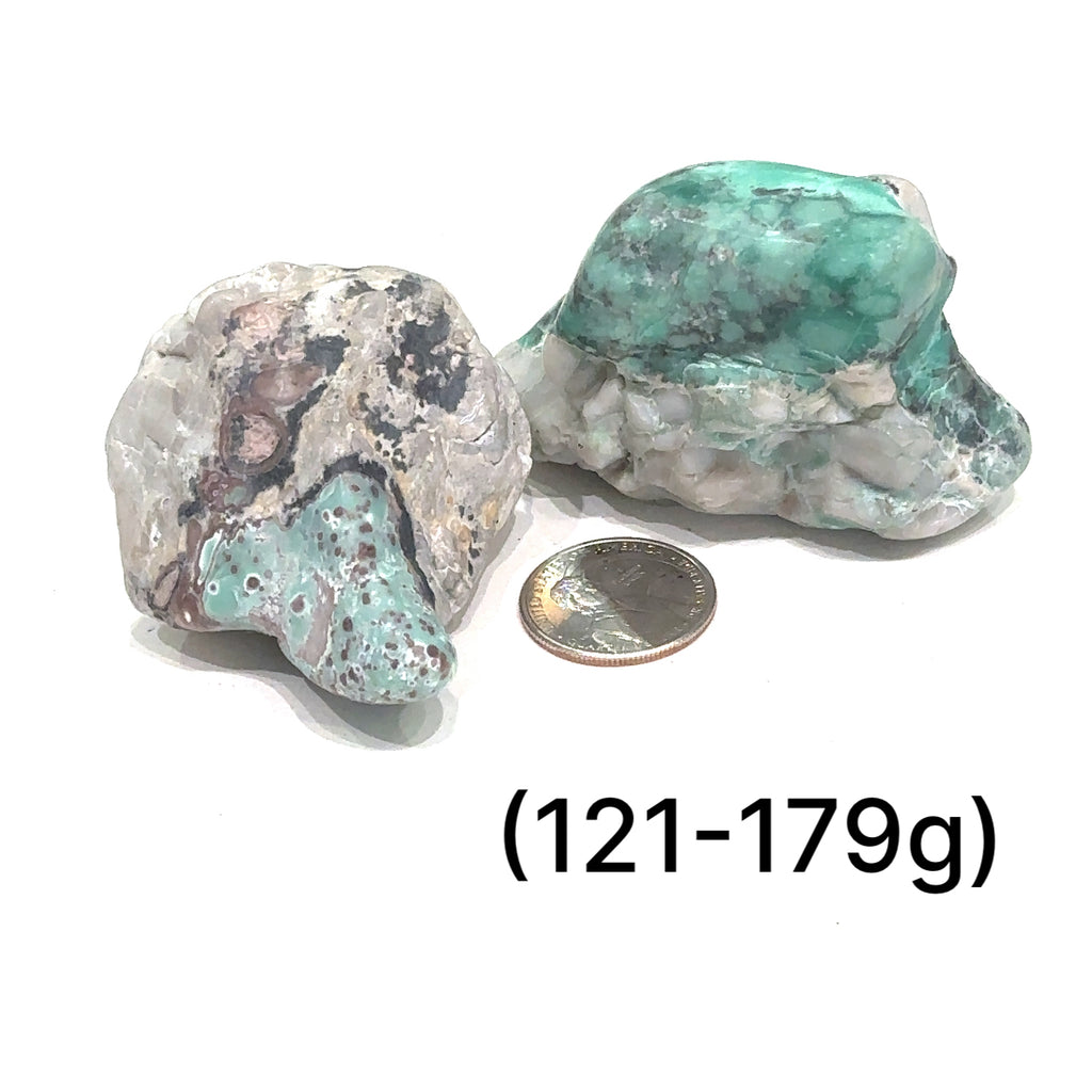 Variscite crystal for meditation, courage, and emotional balance grouping (121-179g) on the white front overview