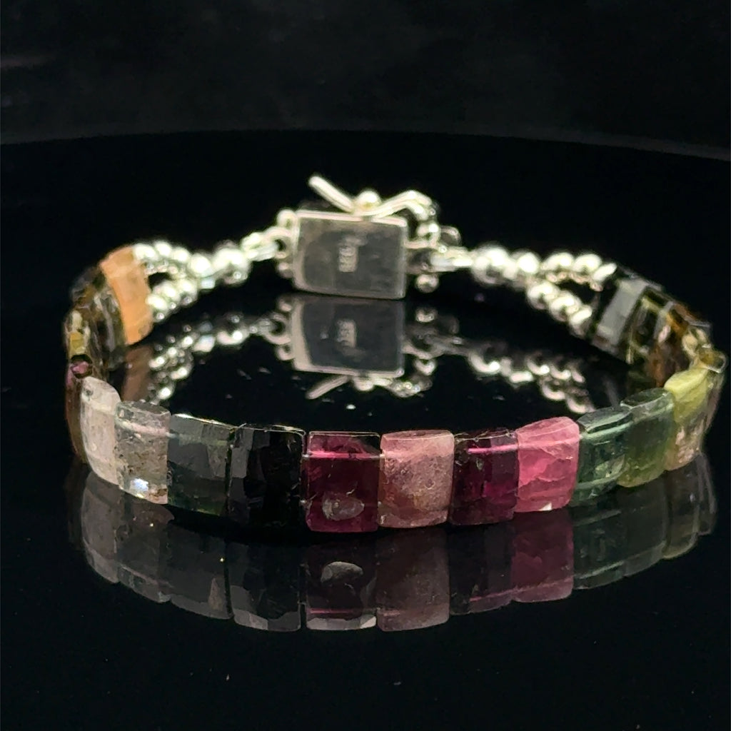 Watermelon Tourmaline Bracelet with Sterling silver on black Front 