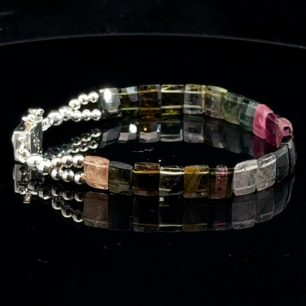 Watermelon Tourmaline Bracelet with Sterling silver on black Right Side