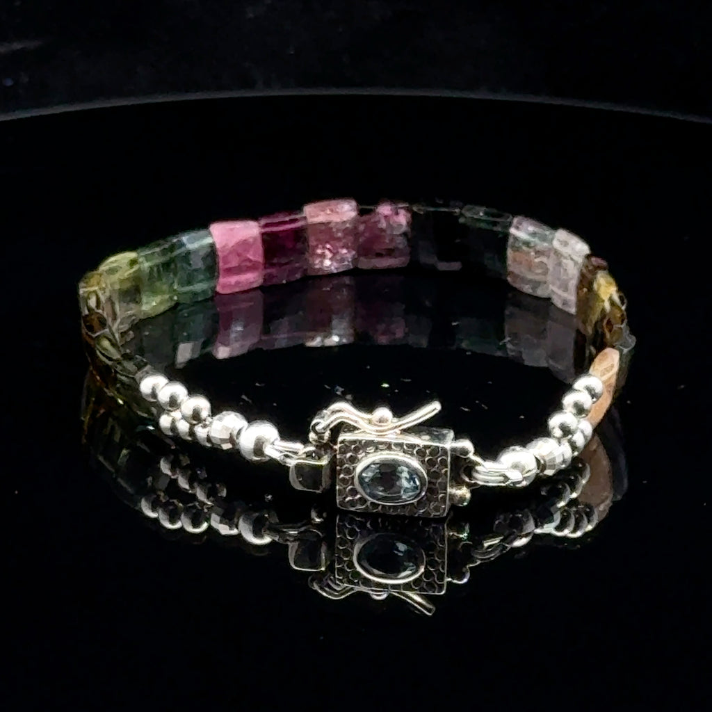 Watermelon Tourmaline Bracelet with Sterling silver on black back