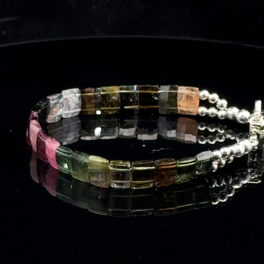Watermelon Tourmaline Bracelet with Sterling silver on black left
