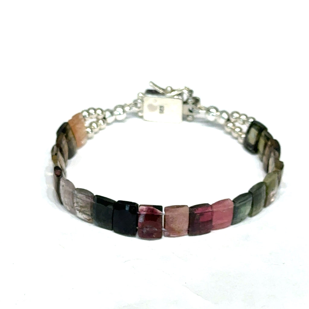 Watermelon Tourmaline Bracelet with Sterling silver on white Front 