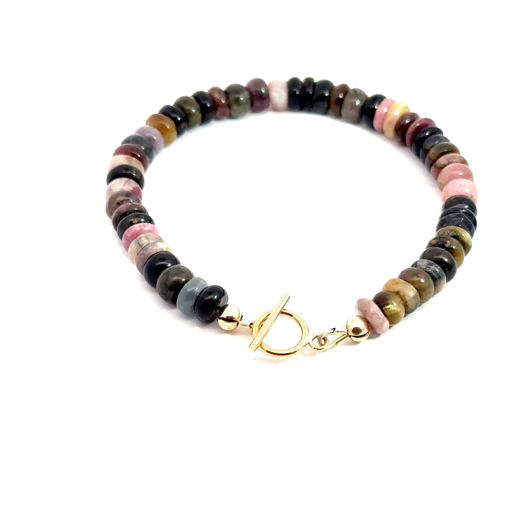 Watermelon Tourmaline Gemstone Bracelet on white back close up view