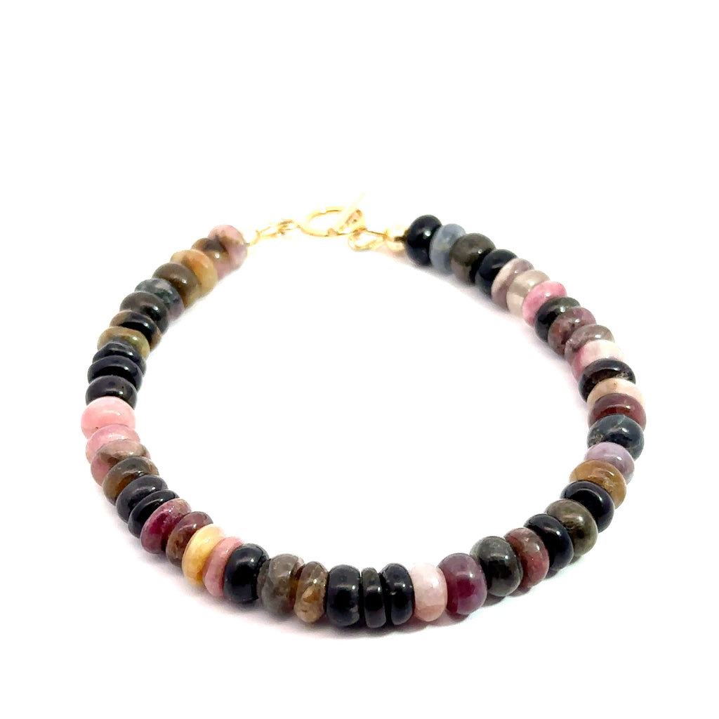 Watermelon Tourmaline Gemstone Bracelet on white front close up view