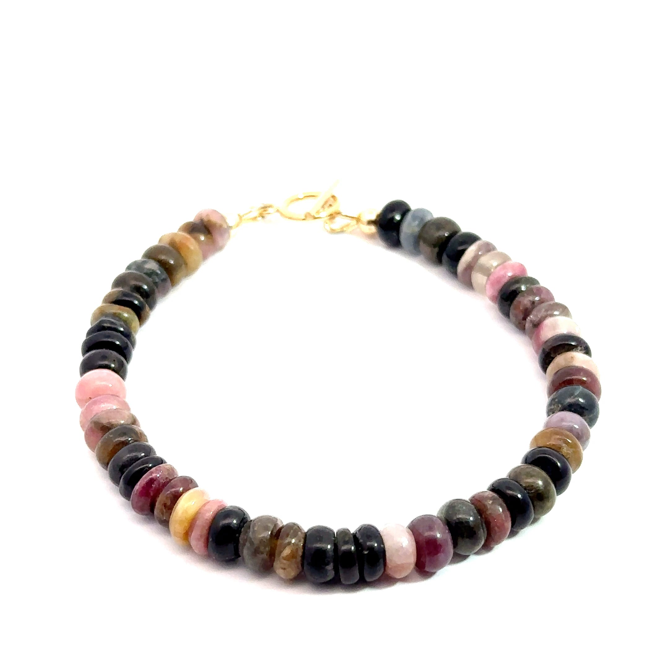 Watermelon Tourmaline Gemstone Bracelet on white front close up view