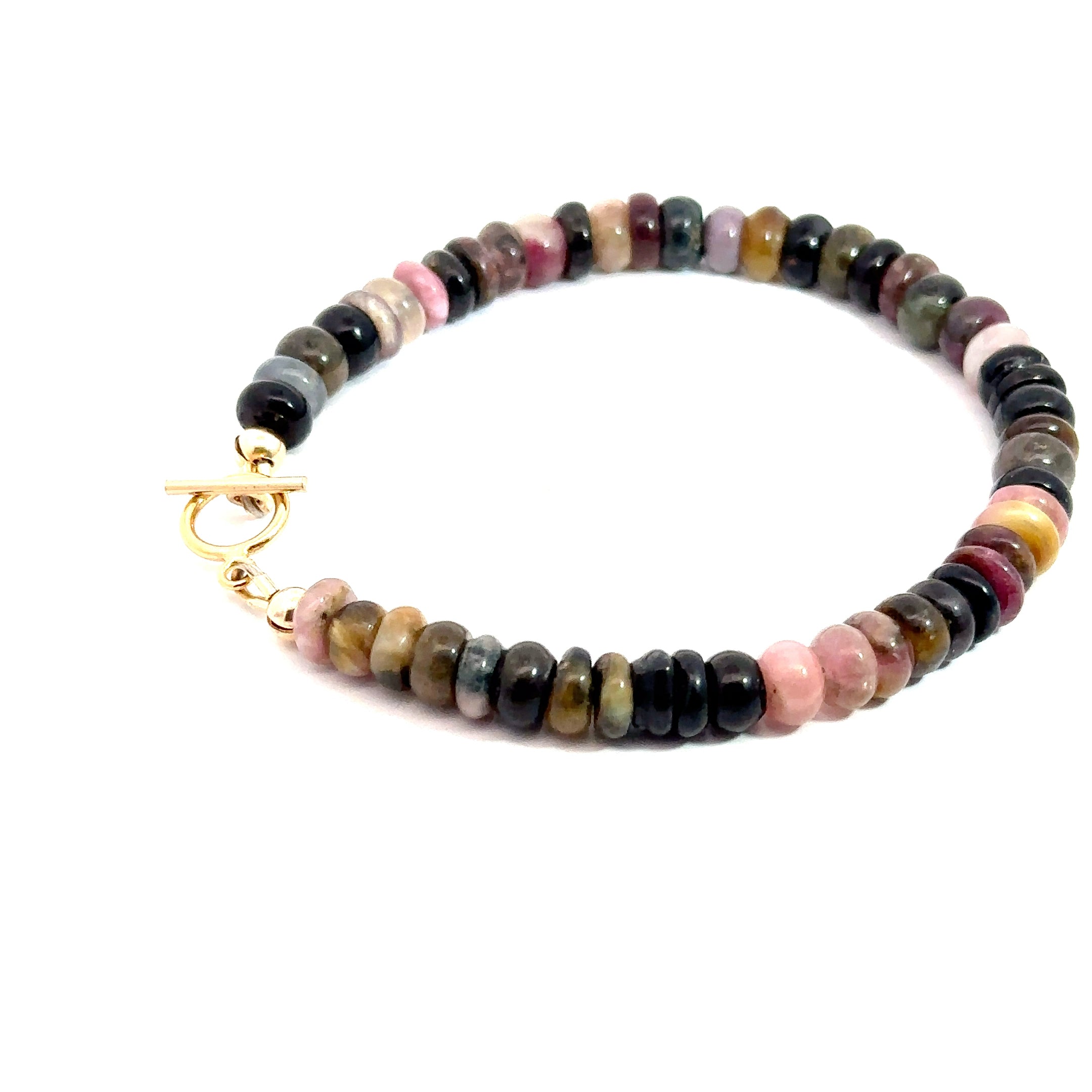 Watermelon Tourmaline Gemstone Bracelet on white left side close up view