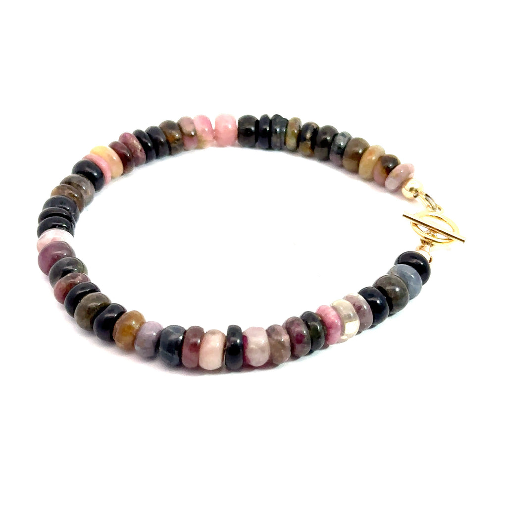 Watermelon Tourmaline Gemstone Bracelet on white right side close up view