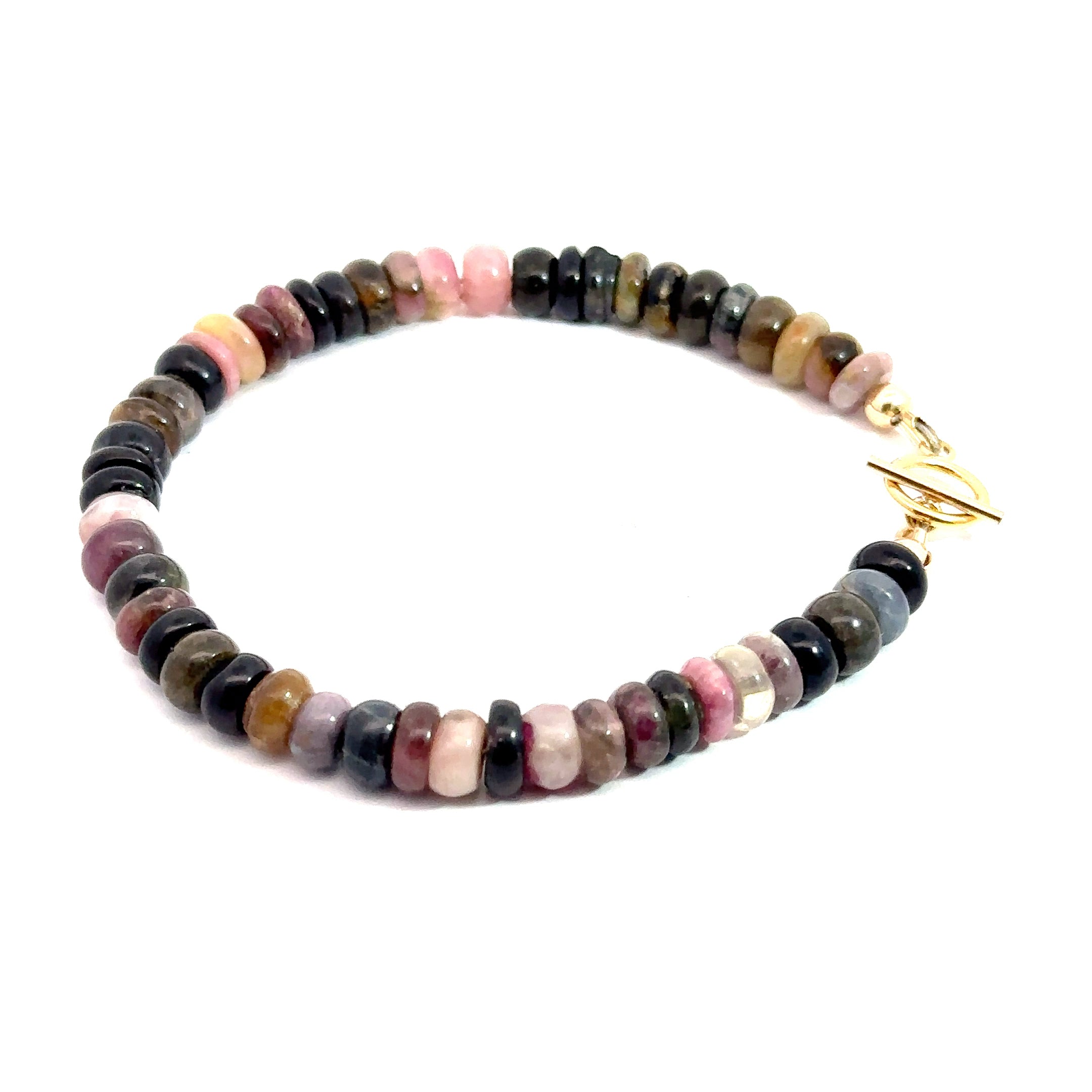 Watermelon Tourmaline Gemstone Bracelet on white right side close up view