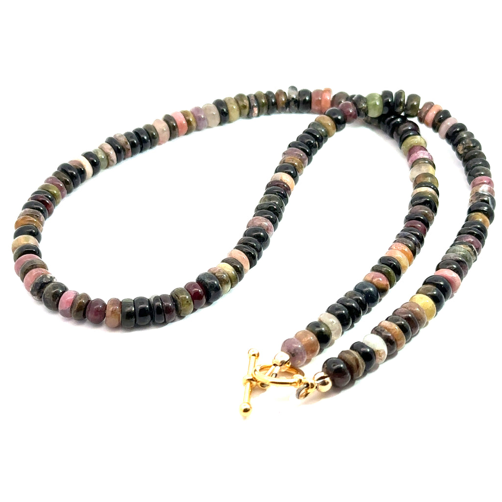 Watermelon Tourmaline Gemstone Necklace on white long back overview