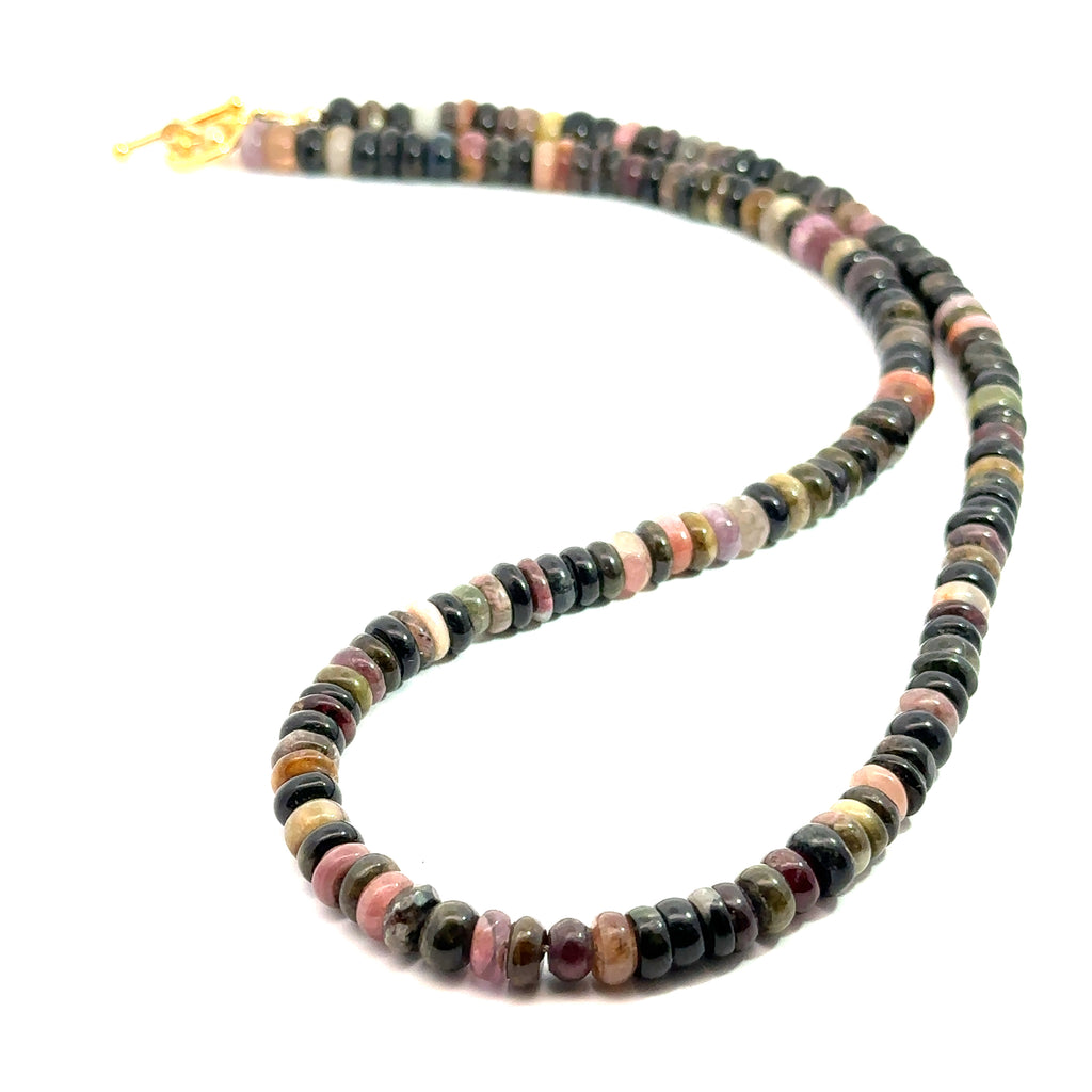 Watermelon Tourmaline Gemstone Necklace on white long overview