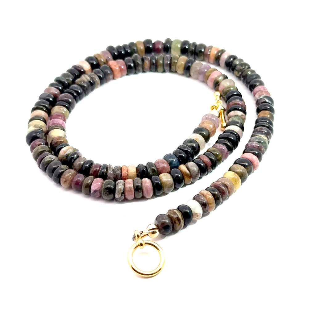 Watermelon Tourmaline Gemstone Necklace on white spiral back overview