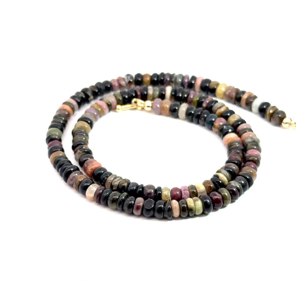 Watermelon Tourmaline Gemstone Necklace on white spiral front angle overview