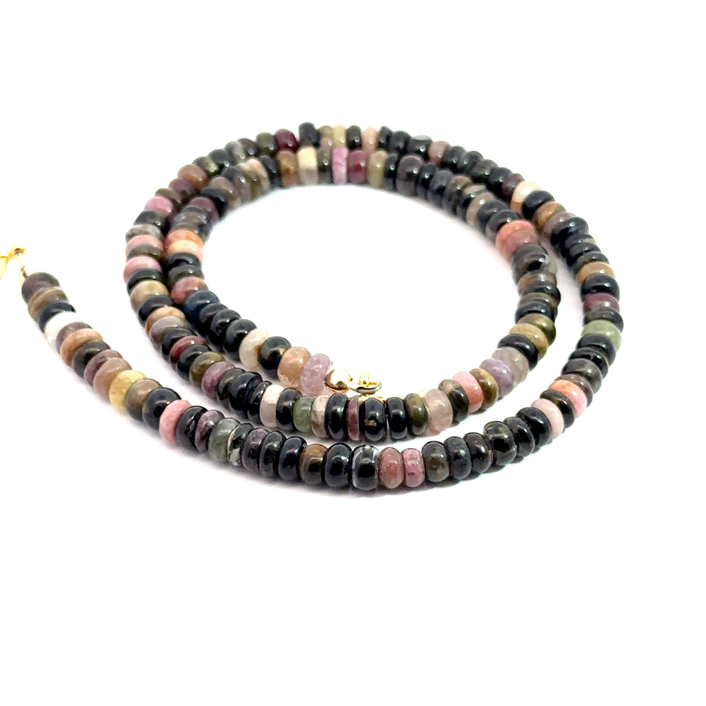Watermelon Tourmaline Gemstone Necklace on white spiral front left angle overview