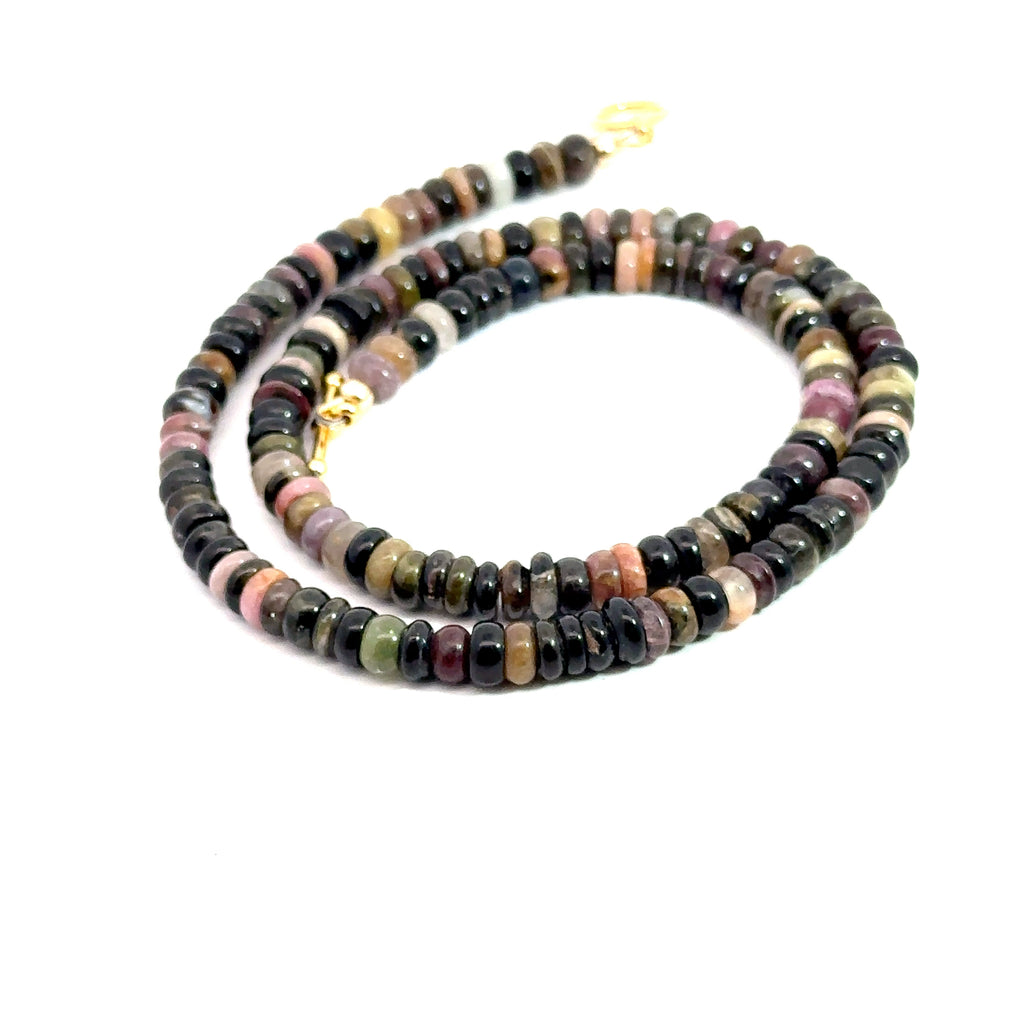 Watermelon Tourmaline Gemstone Necklace on white spiral front overview