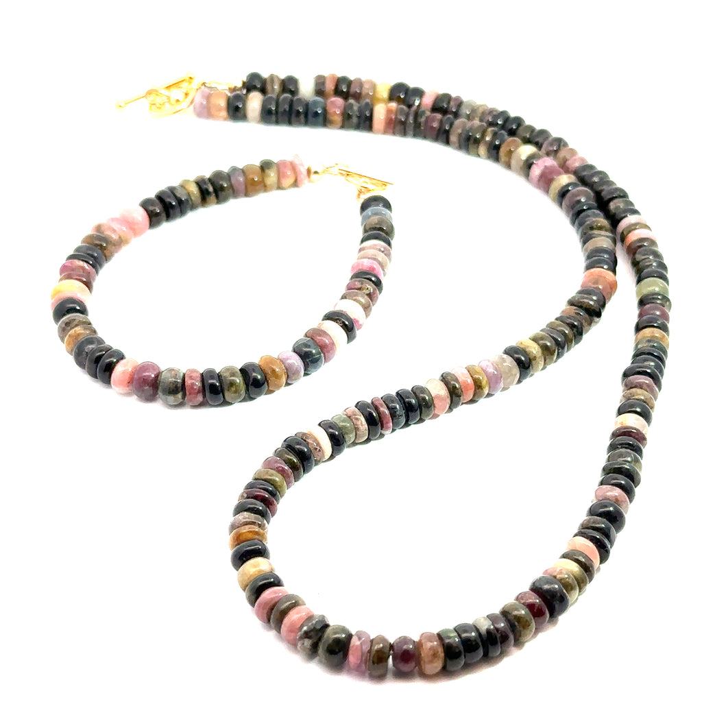 Watermelon Tourmaline Gemstone Necklace with matching bracelet on white long overview