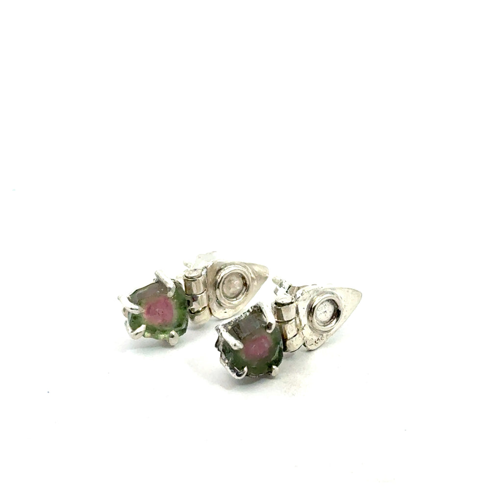 Watermelon Tourmaline Slice Earrings on white front view 