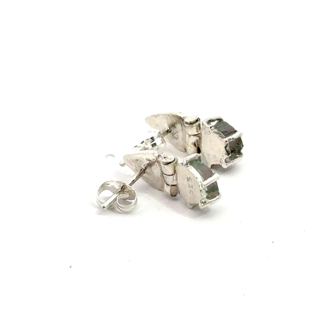Watermelon Tourmaline Slice Earrings on white up close back angle side view 