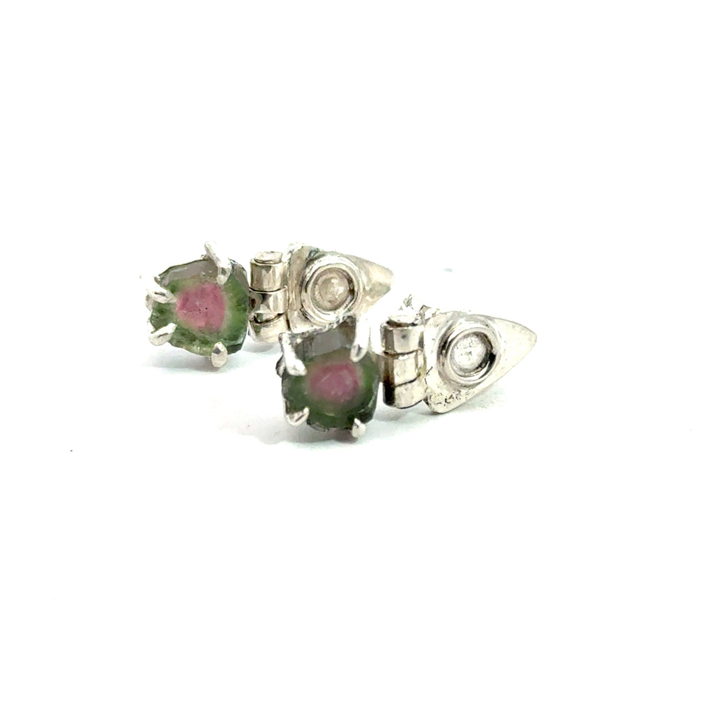 Watermelon Tourmaline Slice Earrings on white up close left side view 