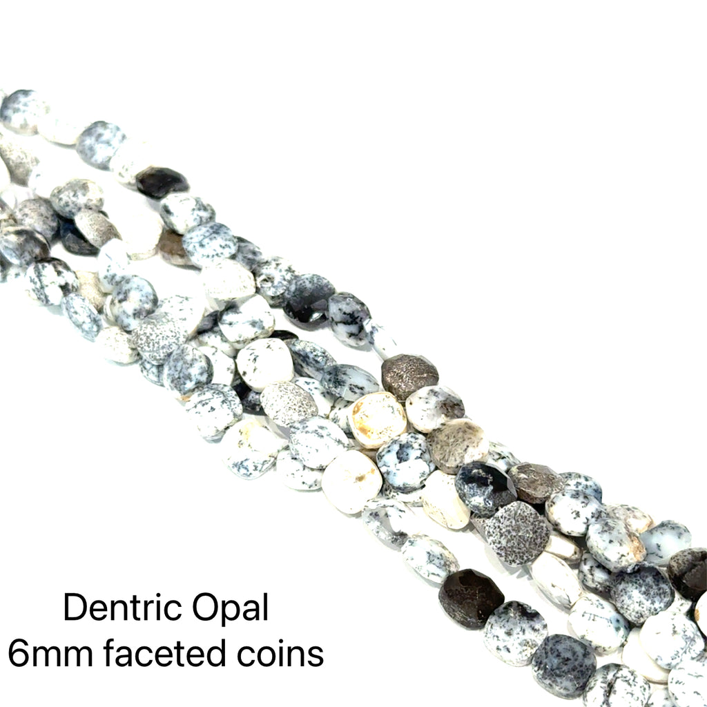 White Dendritic Opal Strand  6mm faceted coins on white long overview