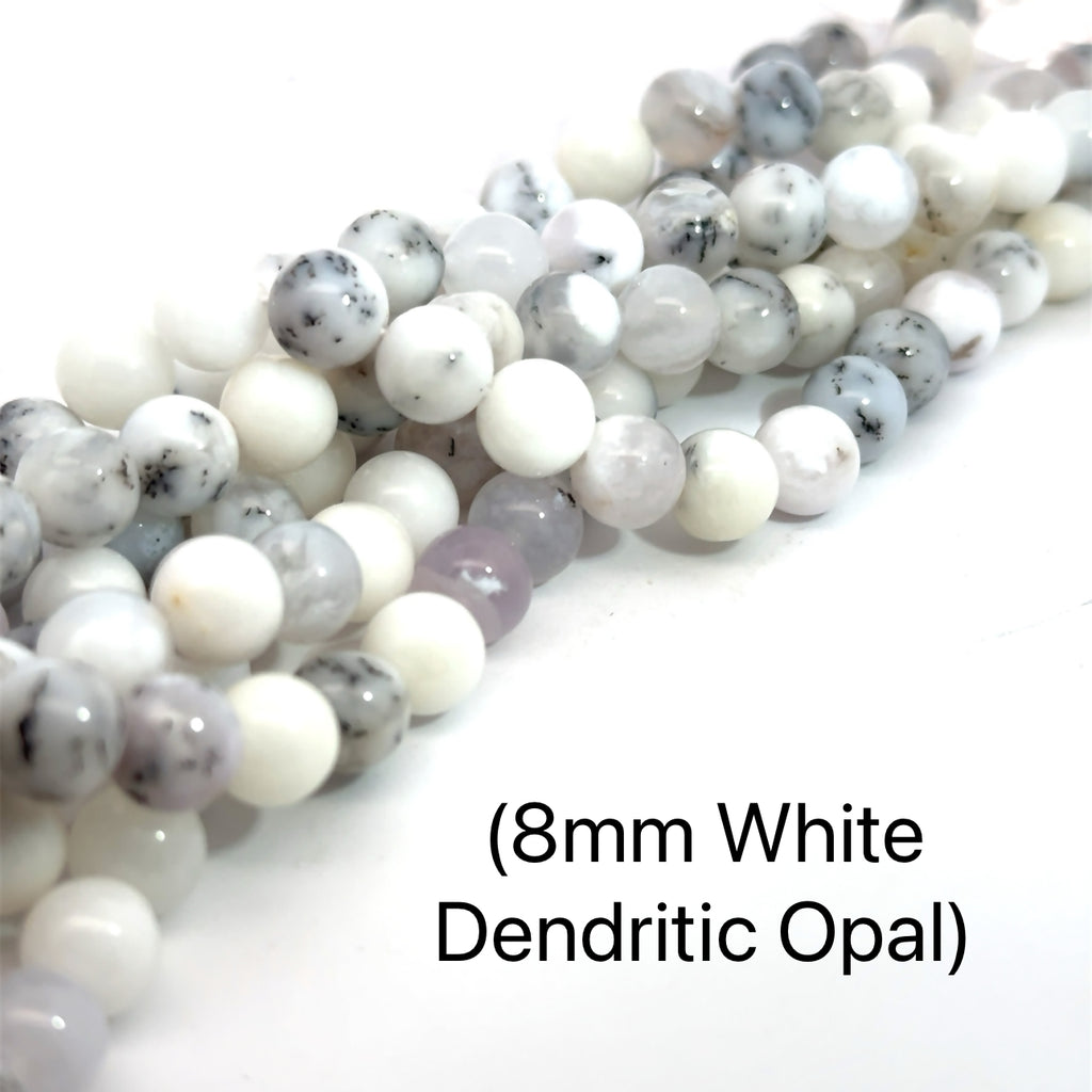 White Dendritic Opal Strand  8mm on white long overview