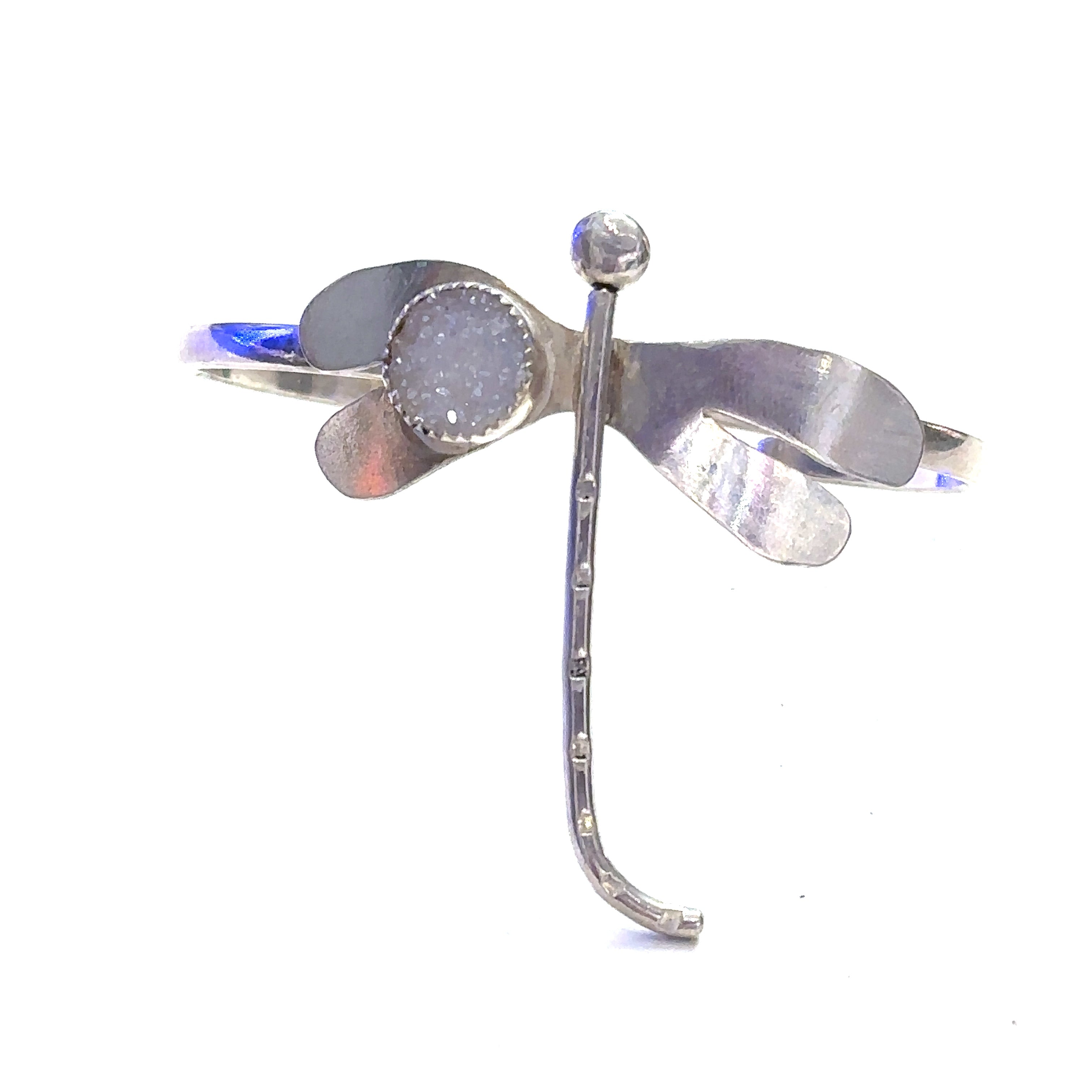 White Druzy Agate Sterling Silver Dragonfly Bangle on white front angle view