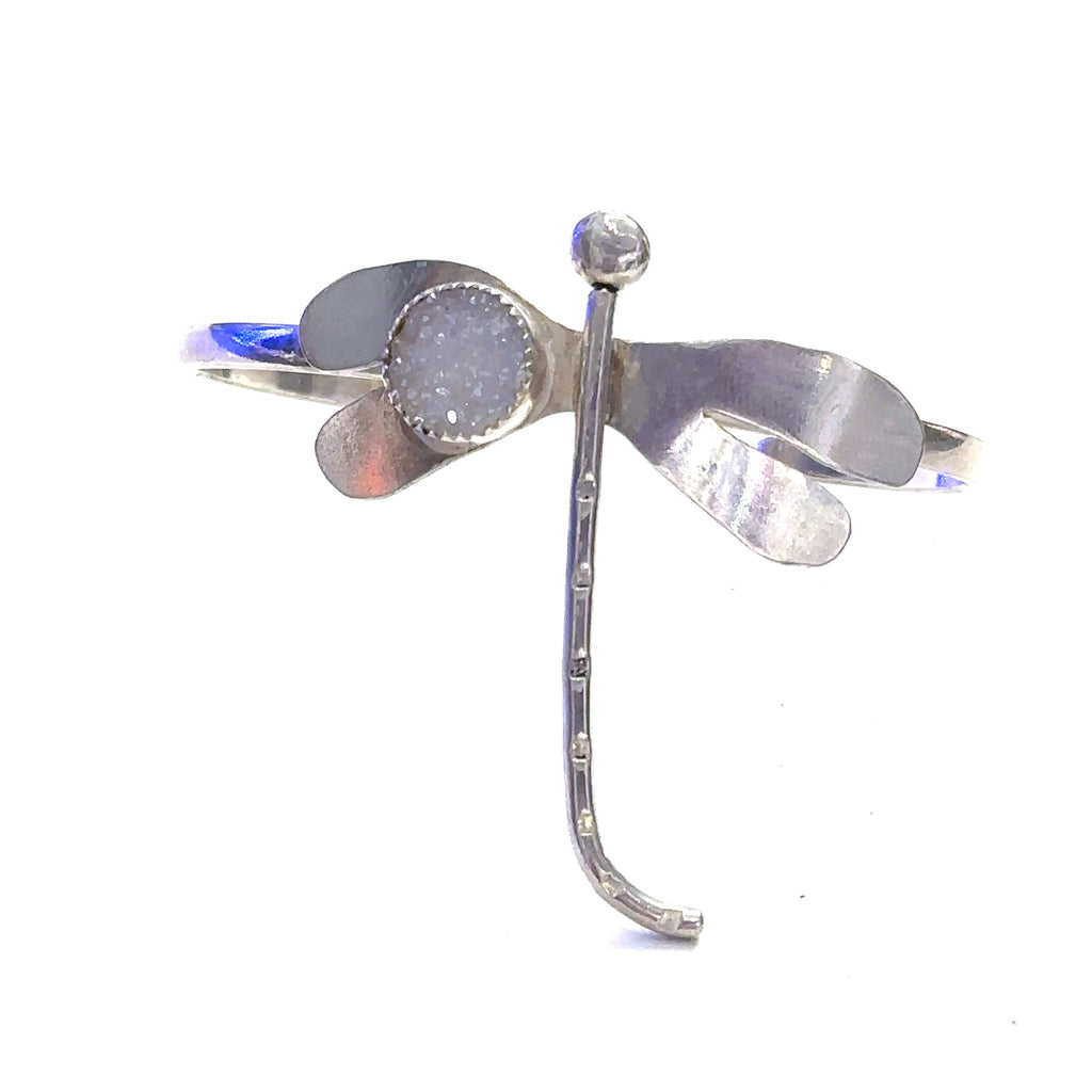 White Druzy Agate Sterling Silver Dragonfly Bangle on white front angle view