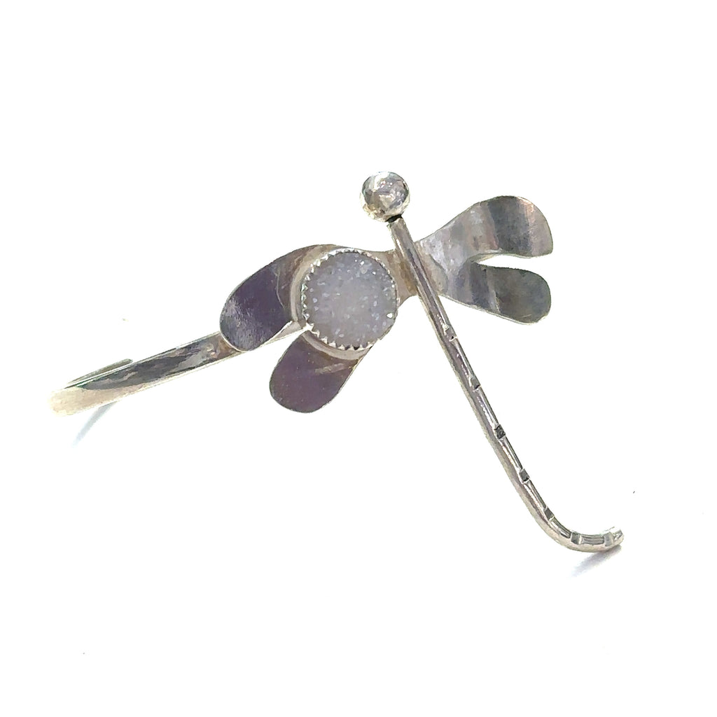 White Druzy Agate Sterling Silver Dragonfly Bangle on white front left angle view