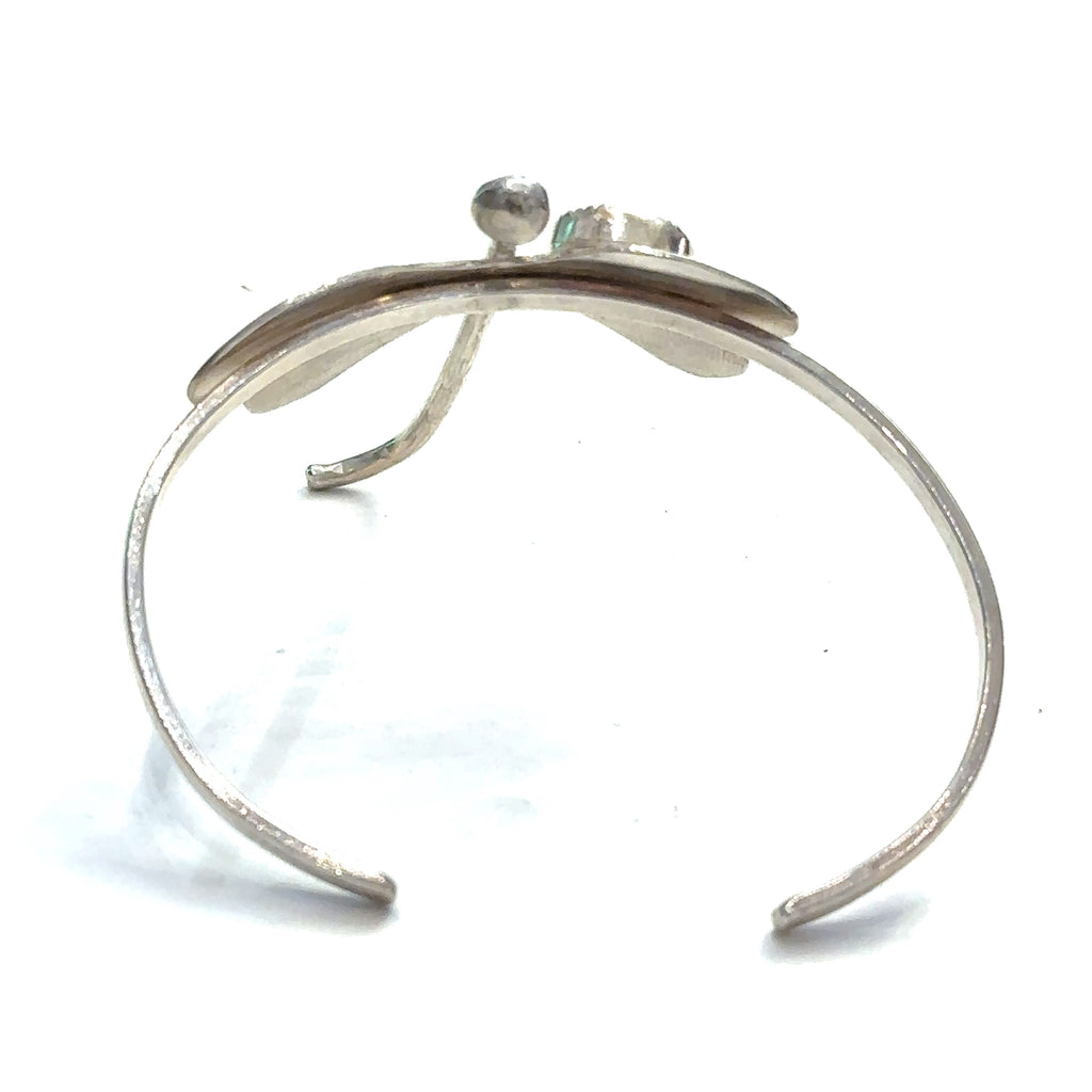 White Druzy Agate Sterling Silver Dragonfly Bangle on white front straight view